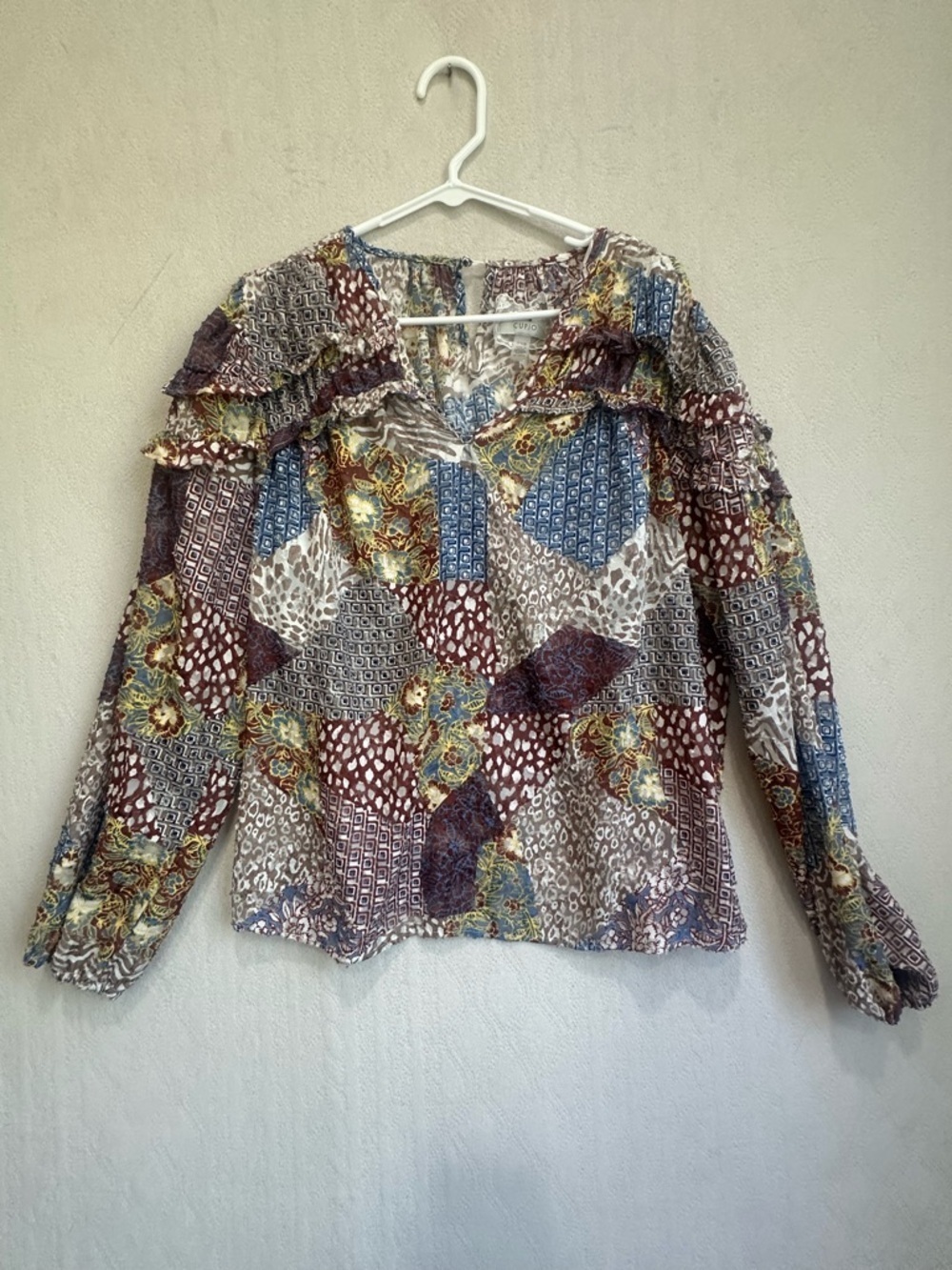 Cupio Multicolor Patchwork Boho Ruffle-Neck Long Sleeve Blouse Sz L Cottagecore